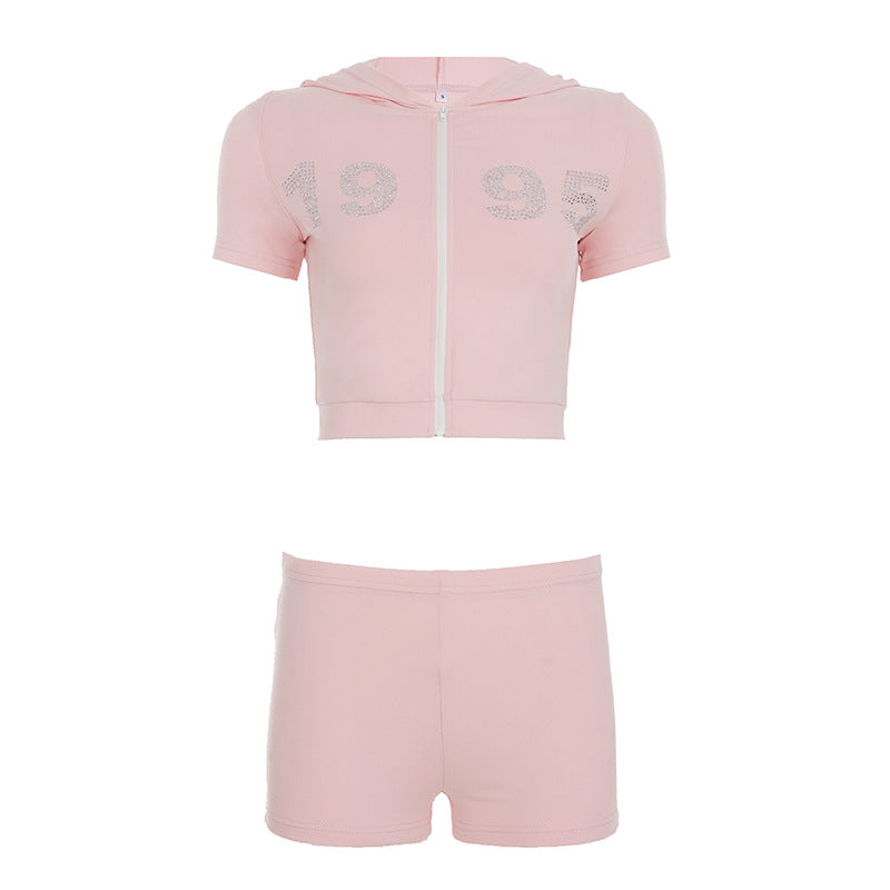 Damen sportliches Zweiteiliges Set mit Kapuzenoberteil und kurzen Shorts Drune