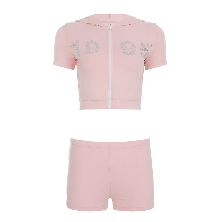 Damen sportliches Zweiteiliges Set mit Kapuzenoberteil und kurzen Shorts Drune