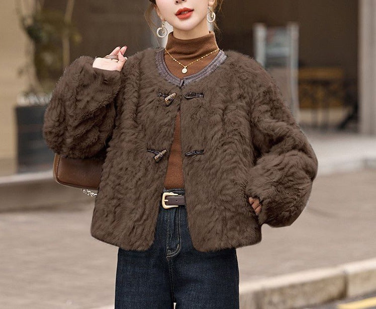 Damen kuschelige Fleecejacke mit modischen Knopfdetails Drune