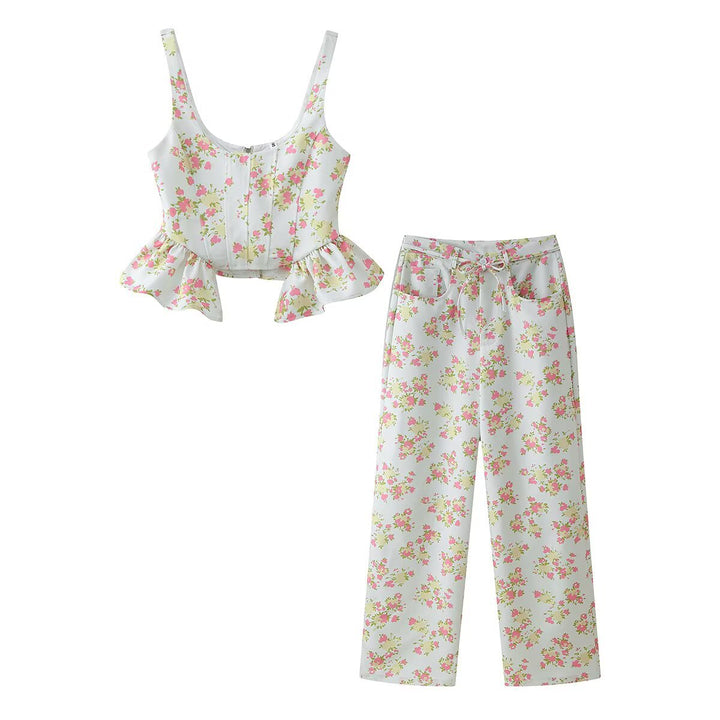 Damen Oberteil und Hose Set mit floralem Design und voluminösem Schnitt Drune