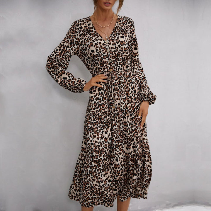 Damen Midikleid im Leo-Print mit V‑Ausschnitt, Knopfleiste, Kordeltaillen und Stufenrock Drune