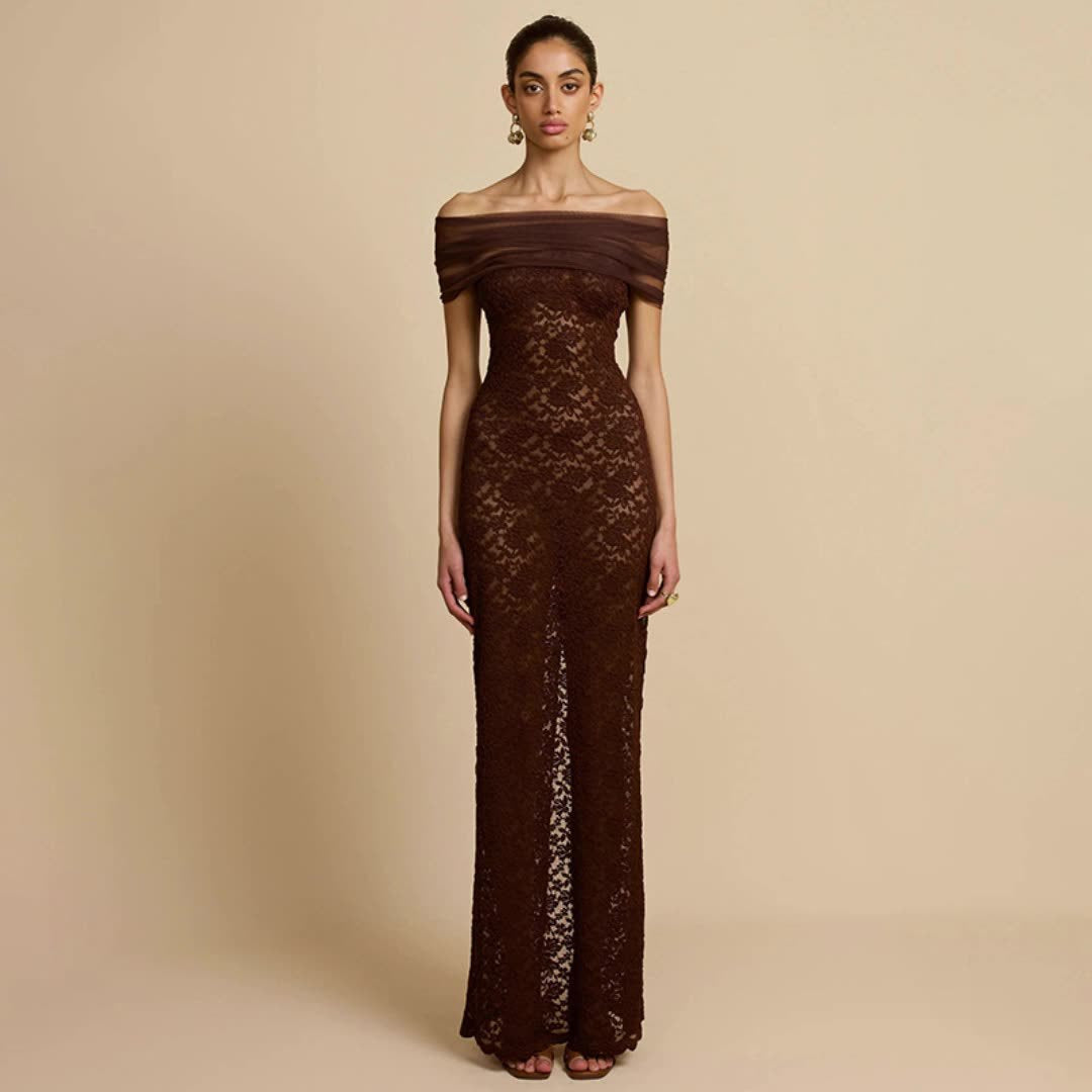 Damen Elegantes Spitzenabendkleid mit schulterfreiem Design und raffiniertem Schlitz Drune
