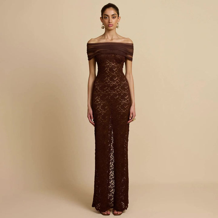 Damen Elegantes Spitzenabendkleid mit schulterfreiem Design und raffiniertem Schlitz Drune