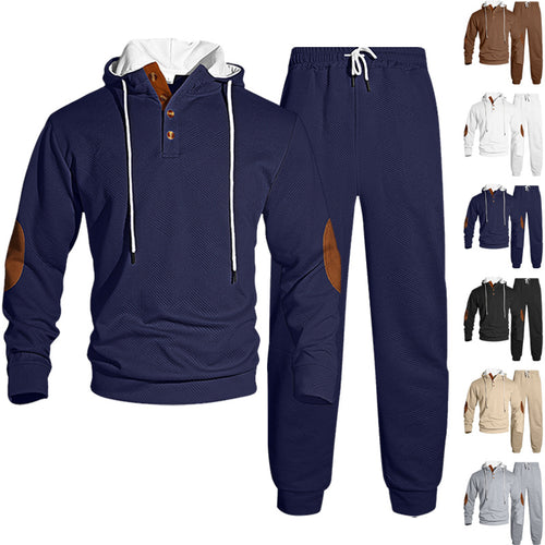 Herren nan Waffelstruktur Henley-Kapuzen-Set mit Holzknopfleiste Ellbogen-Patches und konischer Jogginghose Drune