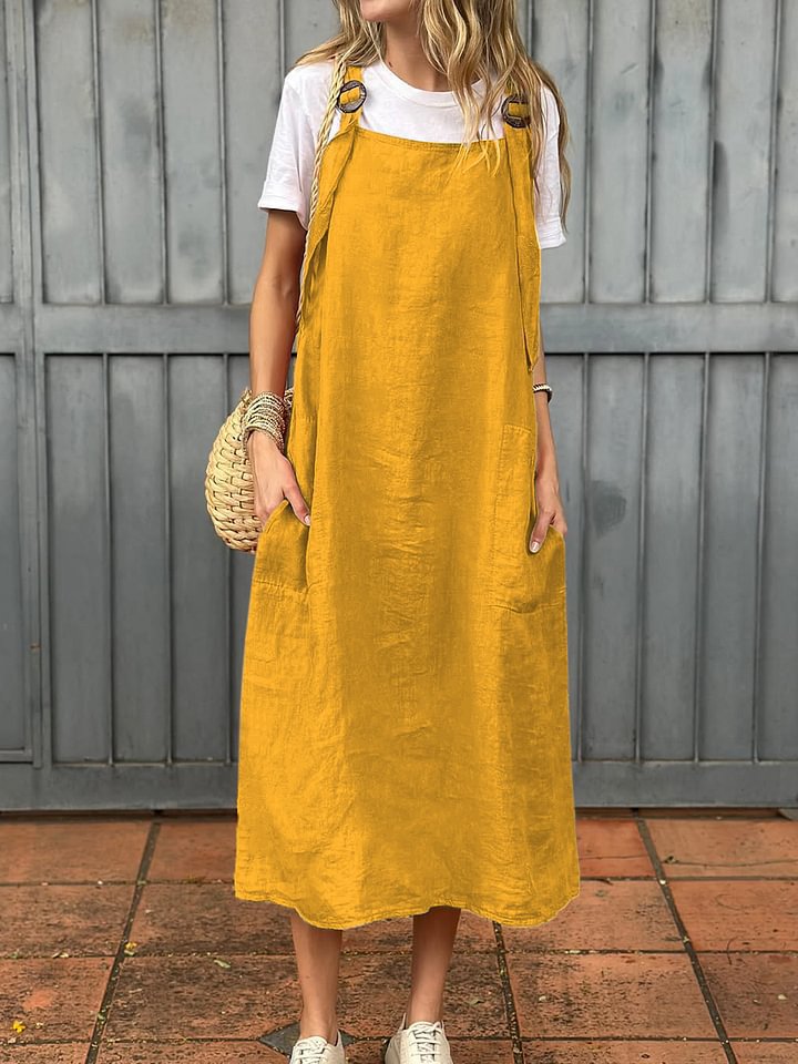 Damen lässiges Leinenkleid mit praktischen Taschen und verstellbaren Trägern Drune