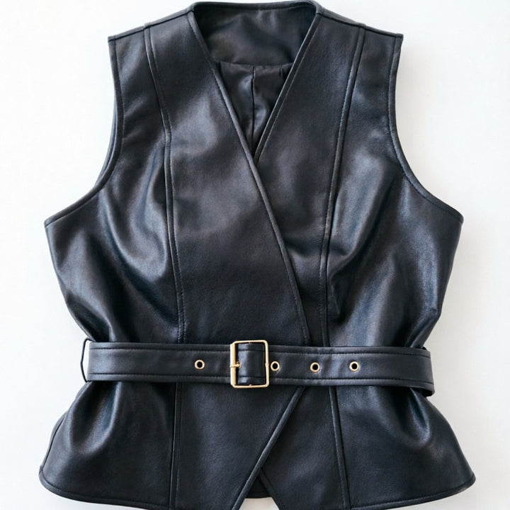 Damen Elegante Lederweste mit Taillengürtel Drune