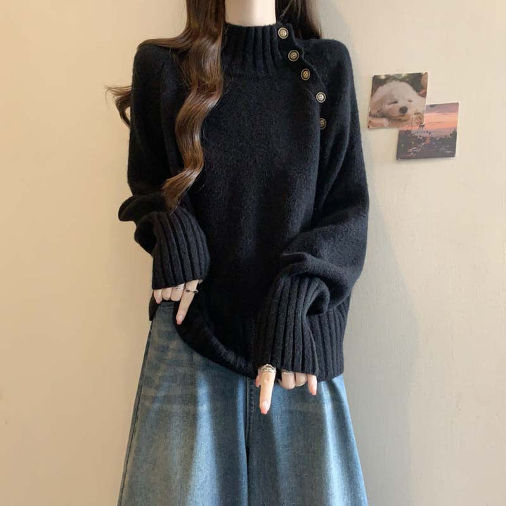 Damen eleganter Rollkragenpullover mit Knopfdekoration und strukturierter Textur Drune