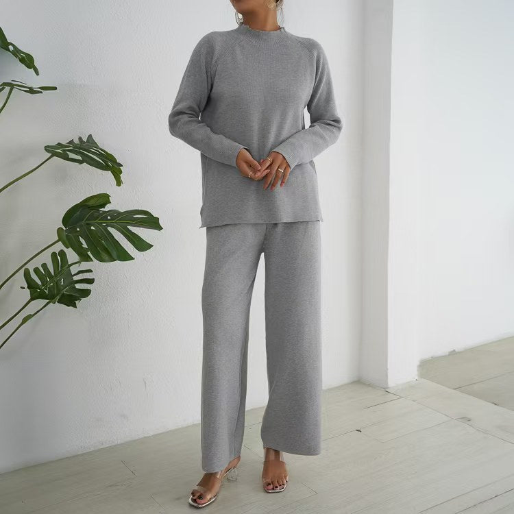 Damen elegantes und lässiges Strick-Loungewear-Set mit hohem Kragen und weiten Beinen Drune