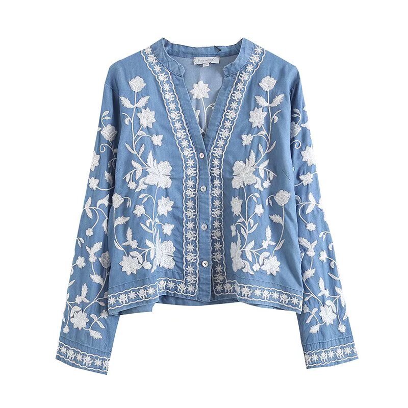 Damen bestickte Bluse im Vintage-Stil mit elegantem Kragen und Druckknopfverschluss Drune