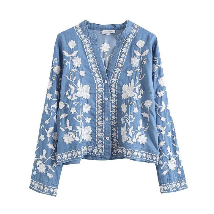 Damen bestickte Bluse im Vintage-Stil mit elegantem Kragen und Druckknopfverschluss Drune