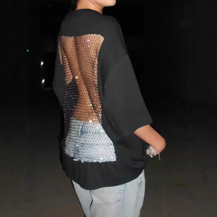 Damen nan Oversize-T-Shirt mit transparentem Netzrücken, Strassbesatz und Jeans-Print Drune