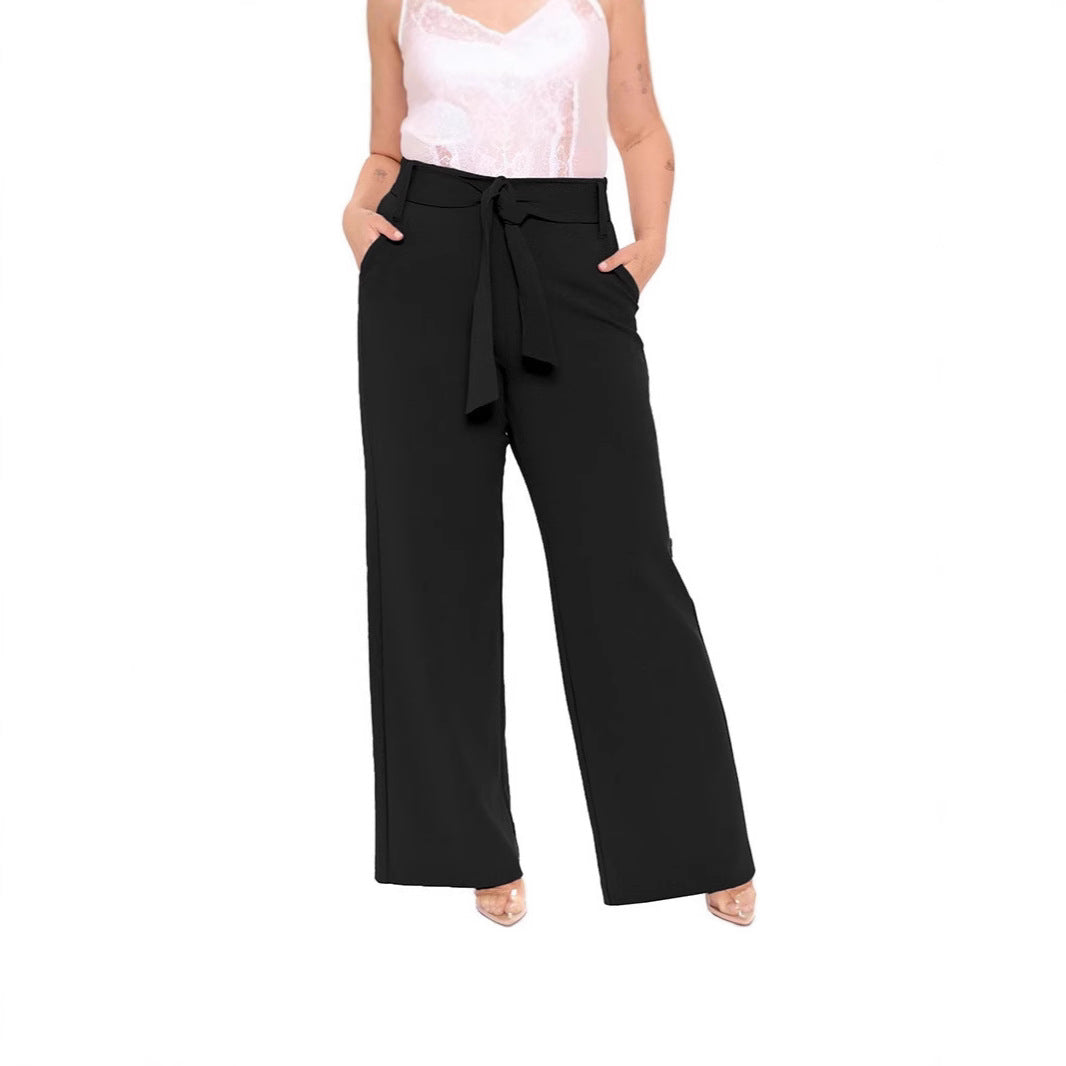Damen elegante weit geschnittene Hose mit Bindegürtel und praktischen Taschen Drune