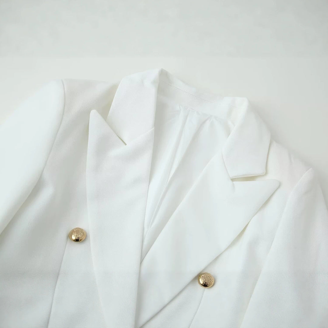 Damen Longline-Doppelreiher Blazer mit markanten Revers und goldenen Zierknöpfen Drune