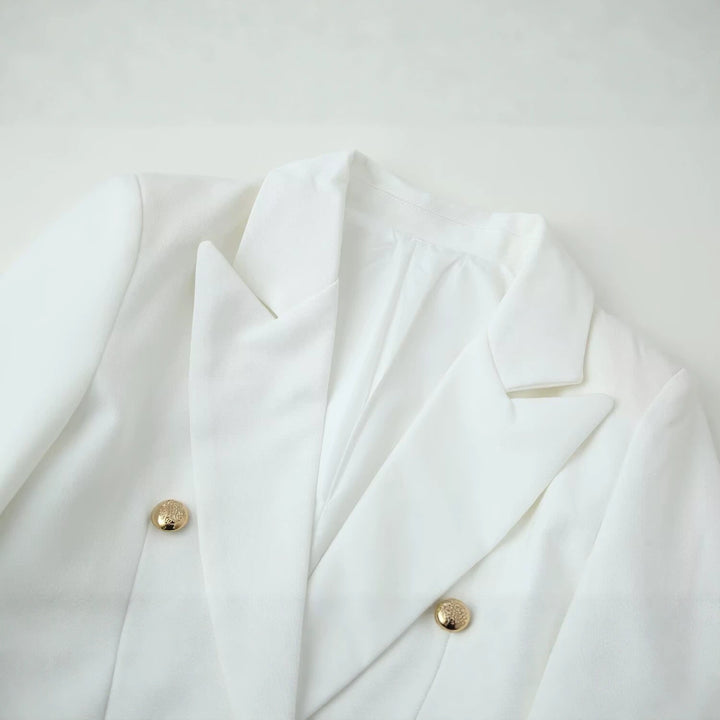 Damen Longline-Doppelreiher Blazer mit markanten Revers und goldenen Zierknöpfen Drune