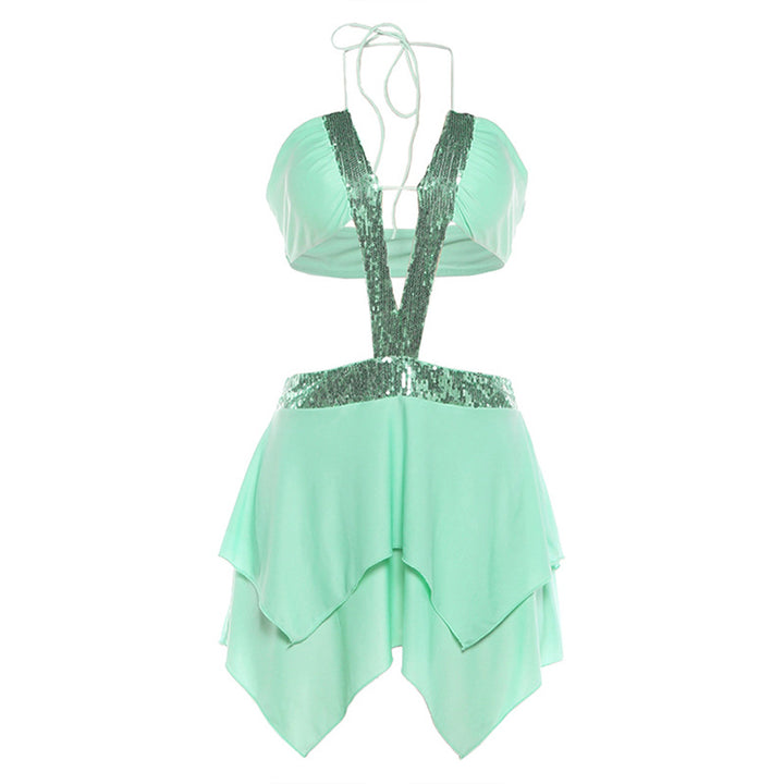 Damen schulterfreies Kleid mit funkelnden Pailletten und schwingendem Rock Drune