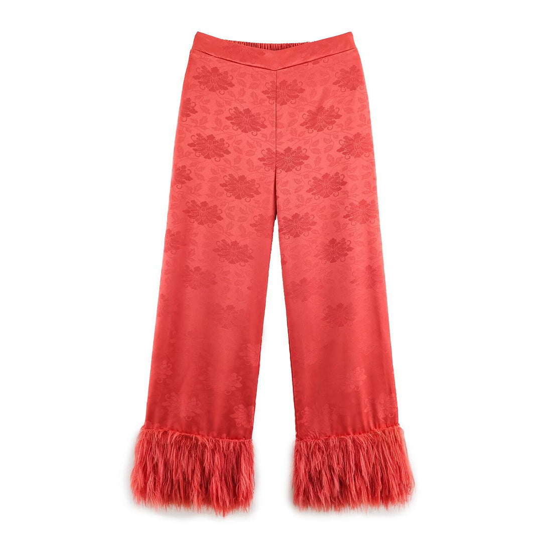 Damen Kimono-Wickelbluse aus Jacquard mit Federrüschensäumen Drune
