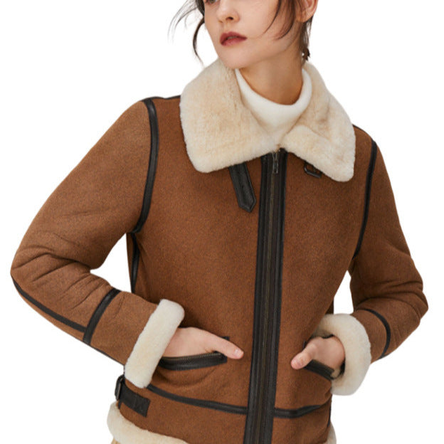 Damen Kurz geschnittene Aviator Lammfell‑Imitatjacke mit Teddyfutter und Kunstlederbesatz Drune
