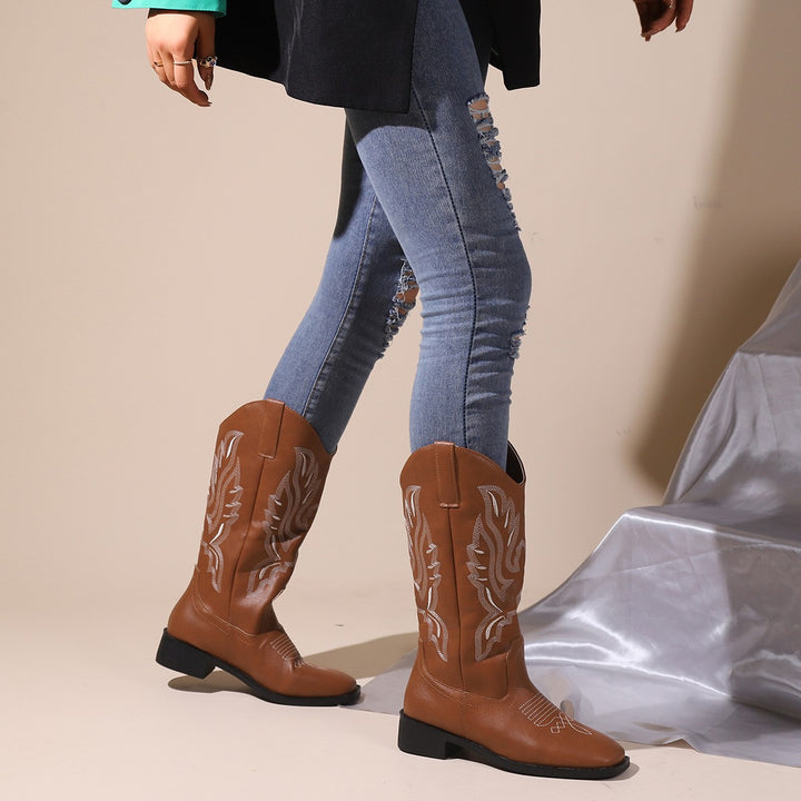 Damen Cowboystiefel mit mittelhohem Schaft, quadratischer Zehenpartie und dekorativer Stickerei Drune