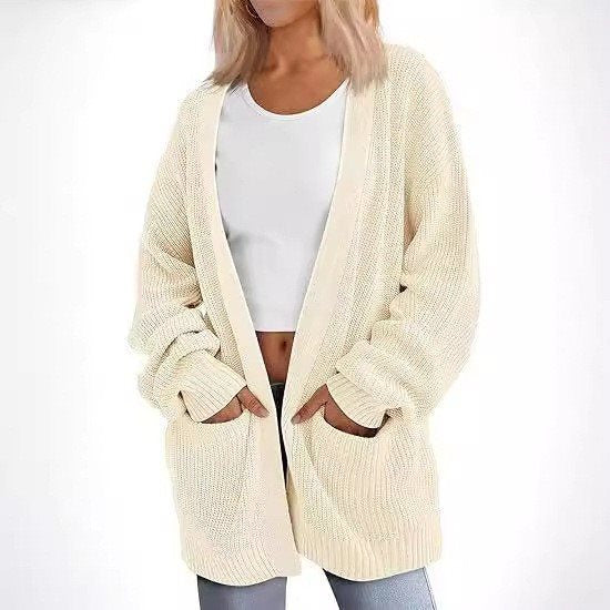 Damen lässige Strickjacke mit weiten Ärmeln und tiefem V-Ausschnitt Drune