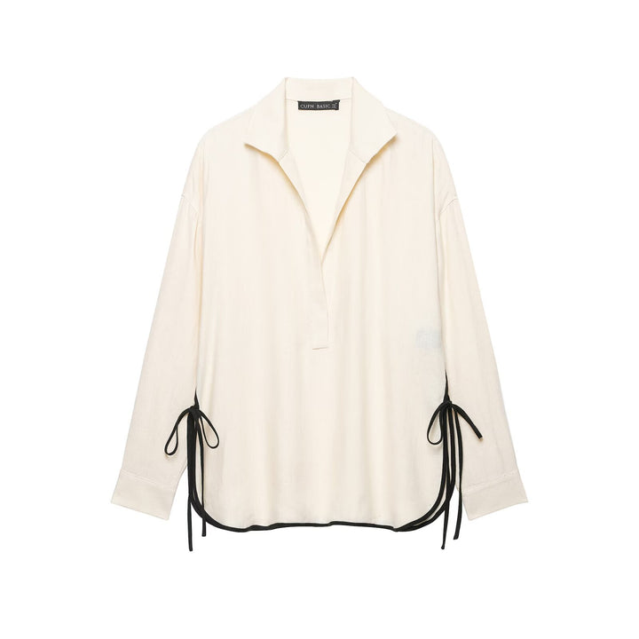 Damen Oversize-Tunika mit V-Ausschnitt, Reverskragen und seitlichen Bändchen-Details Drune