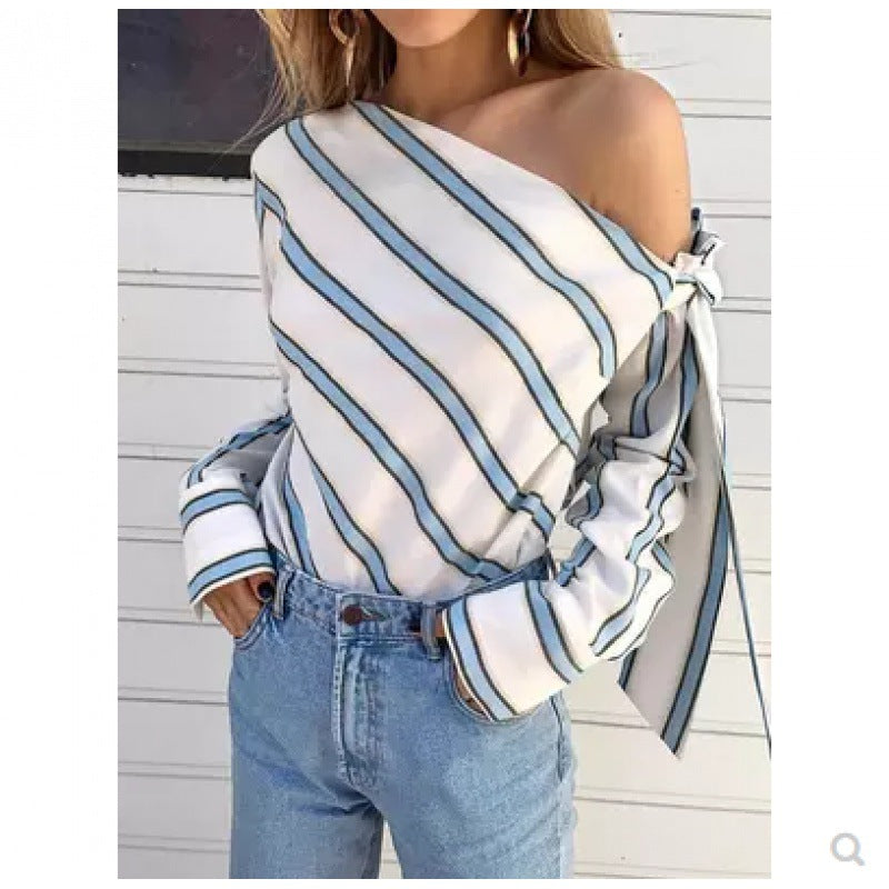 Damen asymmetrische Bluse mit Streifen und verspielten Bindebändern Drune