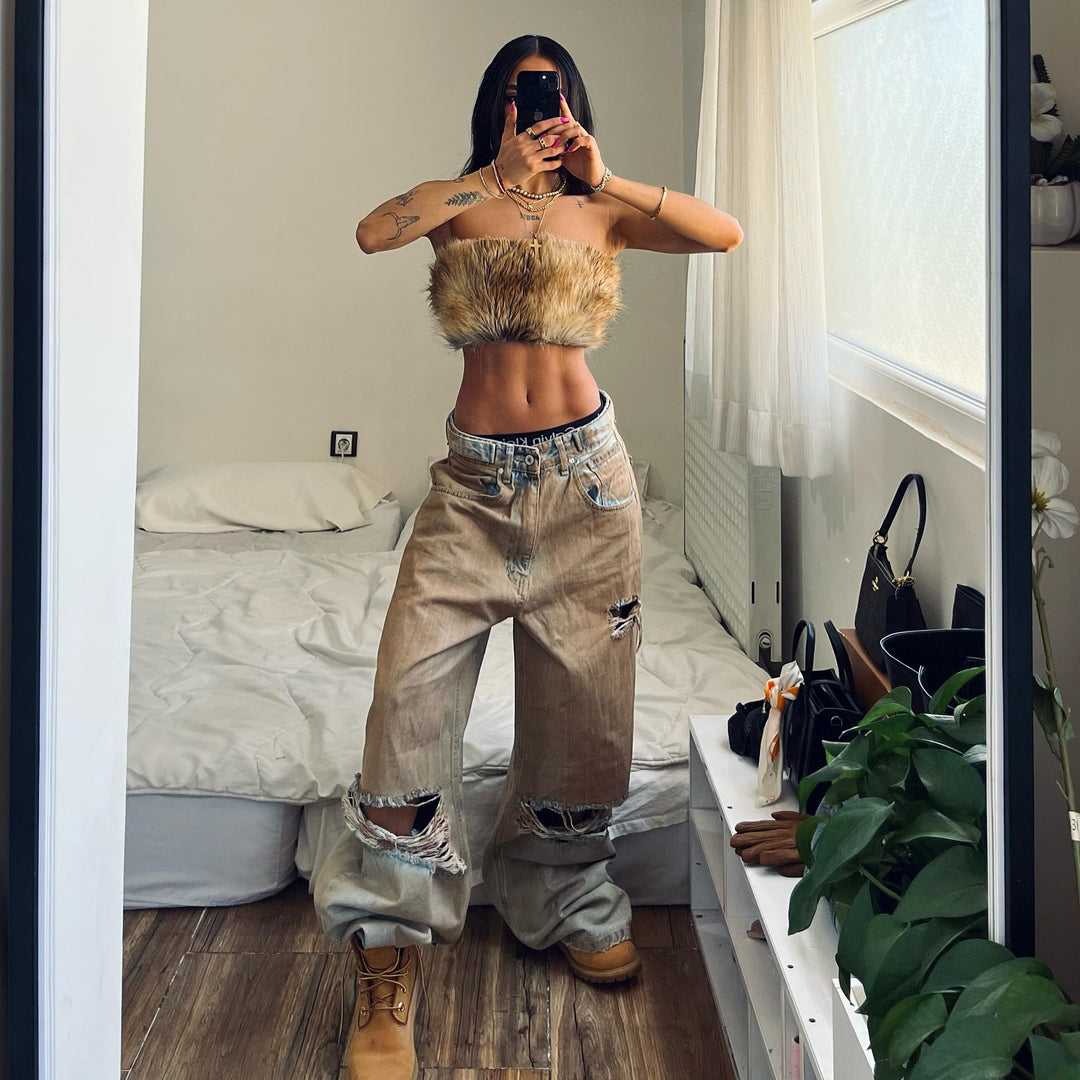 Damen Baggy Jeans mit ausgefranstem Saum und used Look Drune