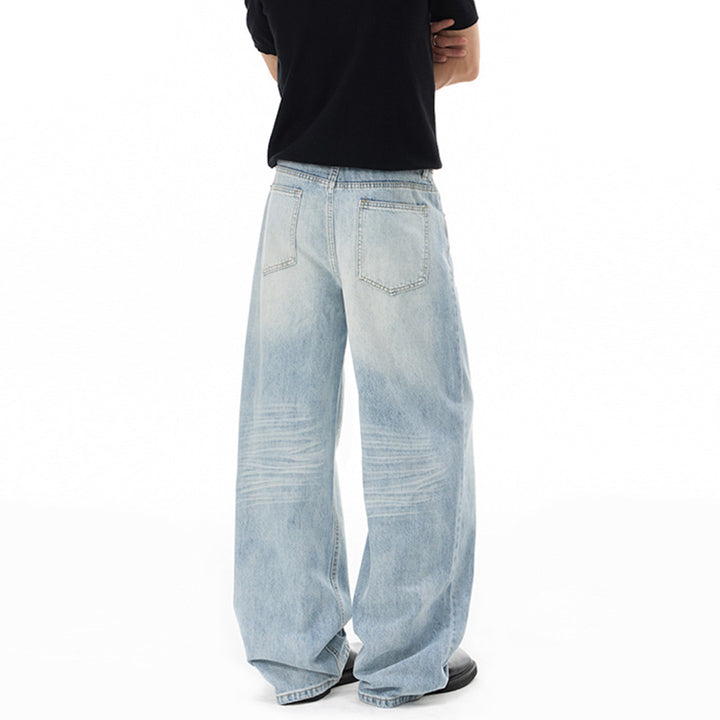 Herren Weitfallende Loose-Palazzo-Denimjeans mit tiefem Schritt und heller Used-Waschung Drune