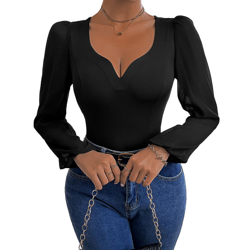 Damen Figurbetontes Body-Top mit herzförmigem Ausschnitt, Puffärmeln und taillierter Silhouette Drune