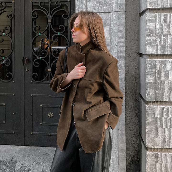 Damen Modische Wildlederjacke im Oversized-Schnitt mit klassischem Kragen und praktischen Taschen Drune