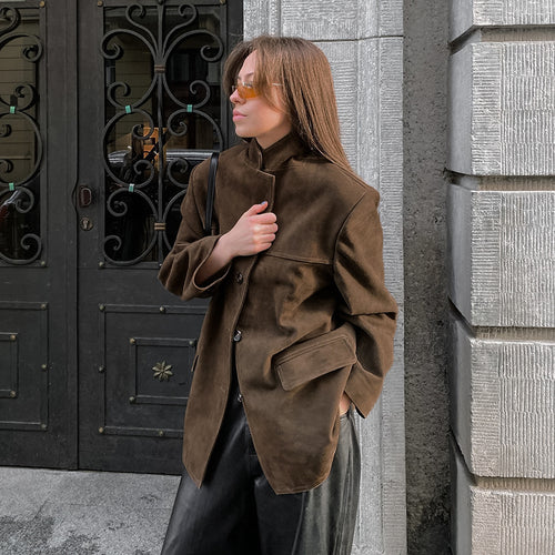 Damen Modische Wildlederjacke im Oversized-Schnitt mit klassischem Kragen und praktischen Taschen Drune
