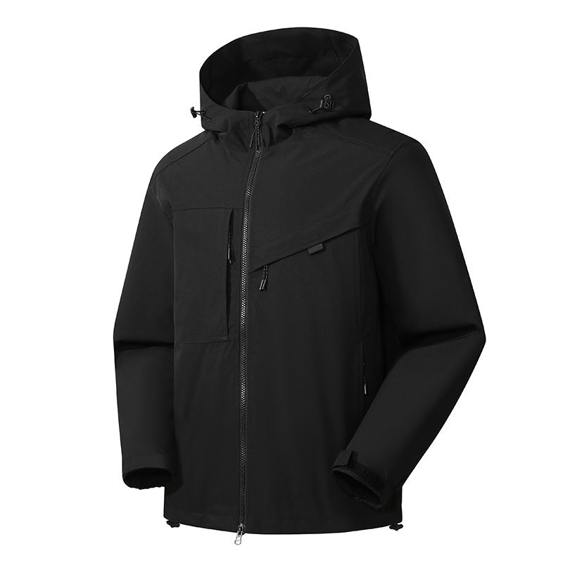 Herren technische Softshelljacke mit Kapuze, diagonalem Brustfach und Multifach-Reißverschlusstaschen Drune