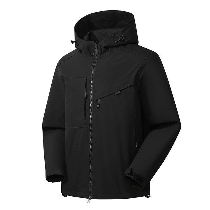 Herren technische Softshelljacke mit Kapuze, diagonalem Brustfach und Multifach-Reißverschlusstaschen Drune