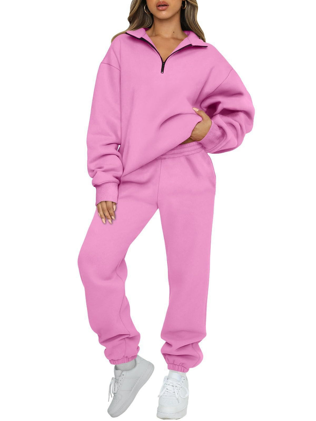 Damen nan Halbzip-Loungewear-Set mit übergroßem Kragenpullover und taillierter Jogginghose mit elastischem Bund Drune