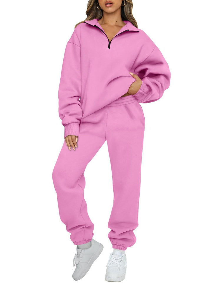 Damen nan Halbzip-Loungewear-Set mit übergroßem Kragenpullover und taillierter Jogginghose mit elastischem Bund Drune