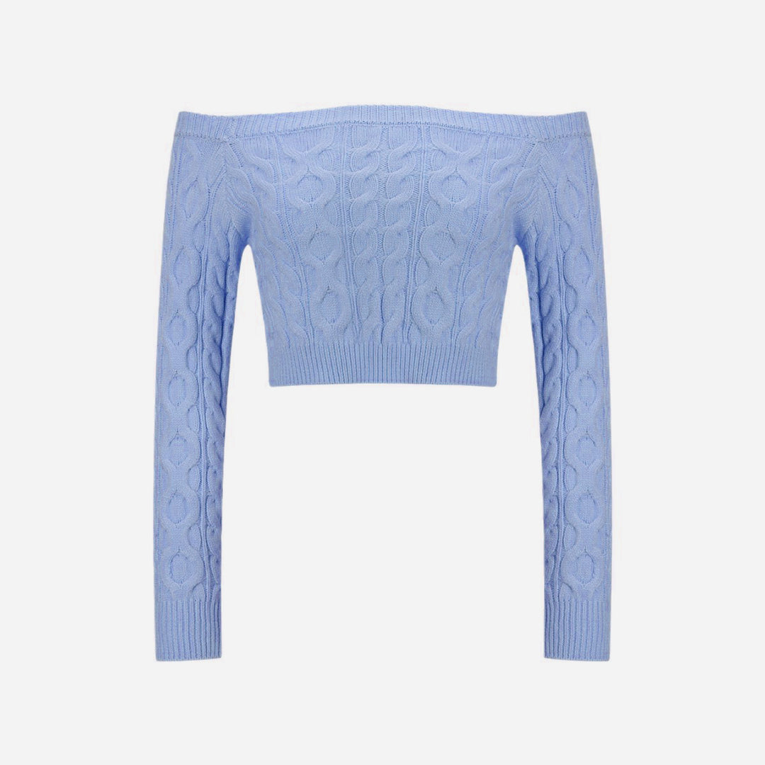 Damen Off-Shoulder Strickpullover mit Zopfmuster Drune