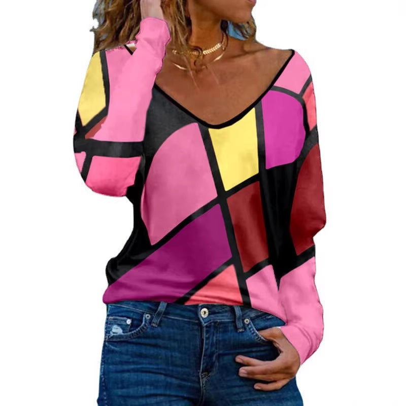 Damen Loose V-Ausschnitt Langarmshirt mit geometrischem Blockdruck und Oversized Passform Drune