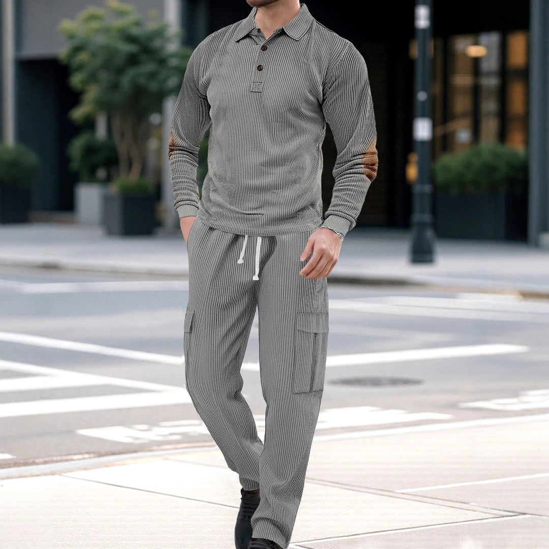 Herren nan geripptes Lounge-Set mit Polokragen Ellenbogenpatches und Cargohose Drune