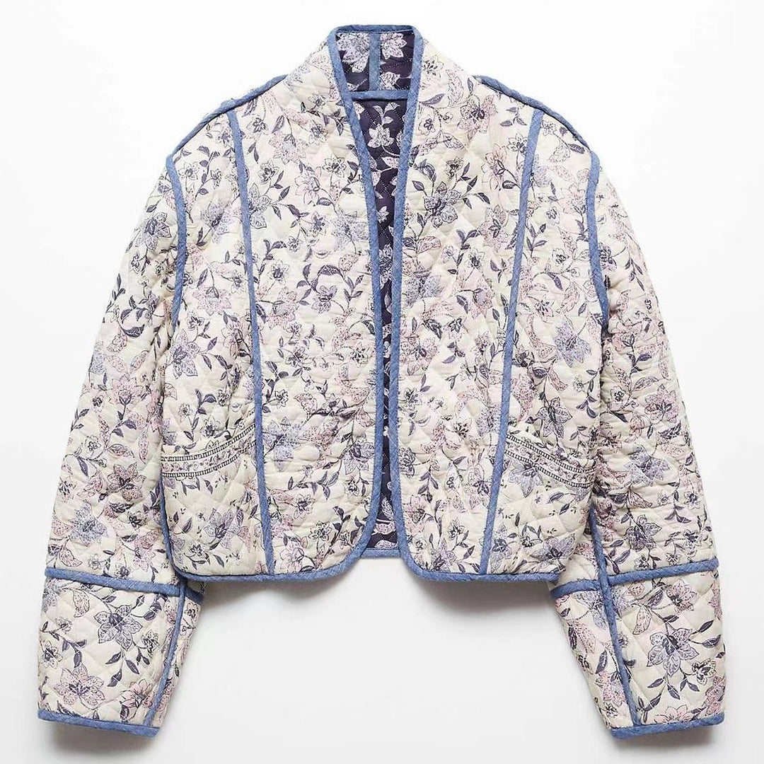 Damen Kurz geschnittene gesteppte Blousonjacke mit floraler Stickerei und Kontrastpaspel Drune