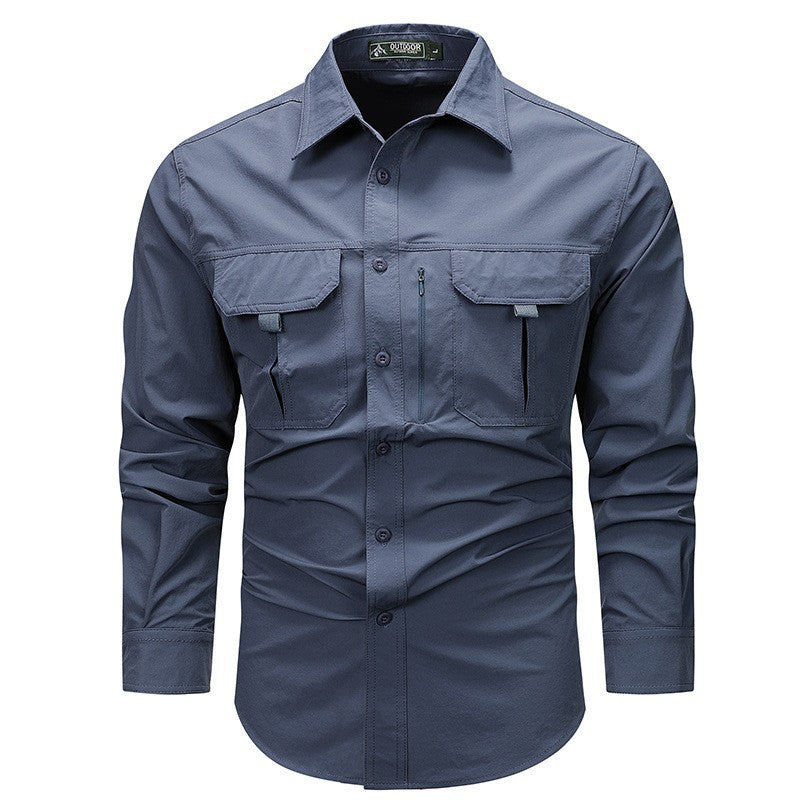 Men's  technical long-sleeve utility shirt with dual flap chest pockets and concealed zip utility pocket Drune