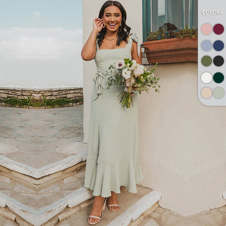 Damen Maxi-Kleid mit verspielten Trägern und elegantem Schlitz Drune