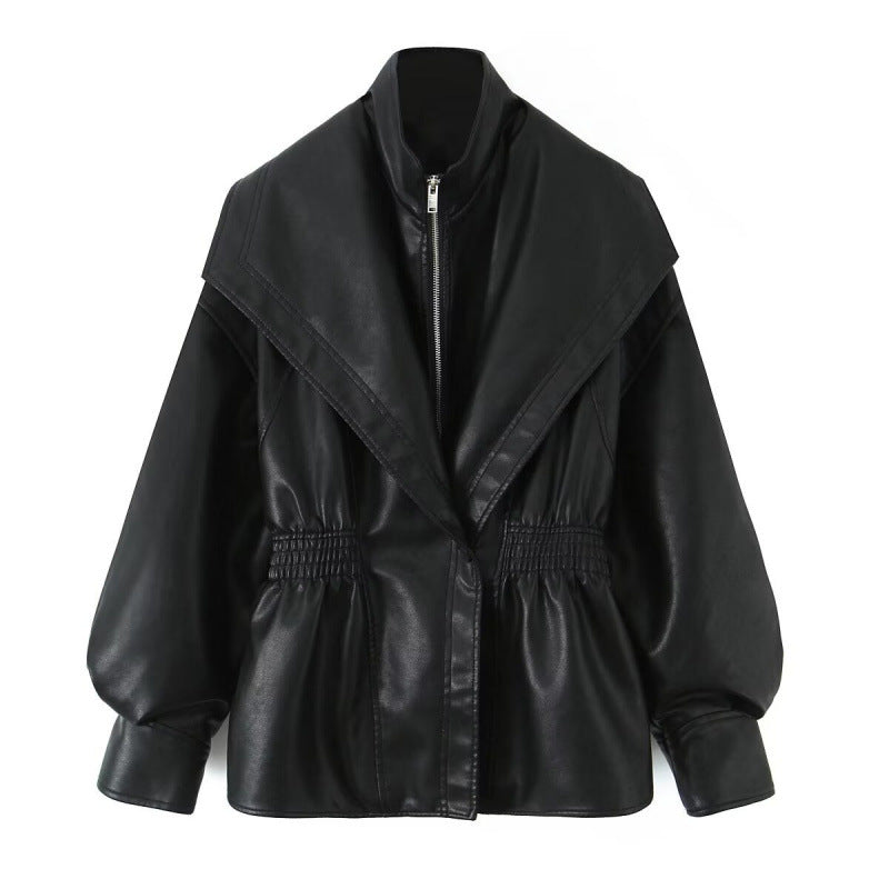 Damen Kunstlederjacke mit weitem Schalkragen und gerafftem Taillenbund Drune