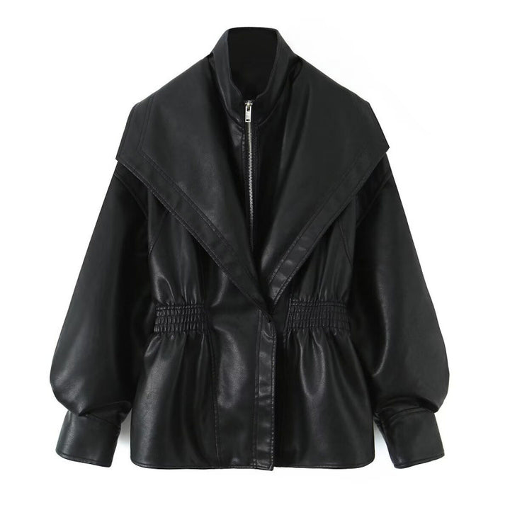 Damen Kunstlederjacke mit weitem Schalkragen und gerafftem Taillenbund Drune
