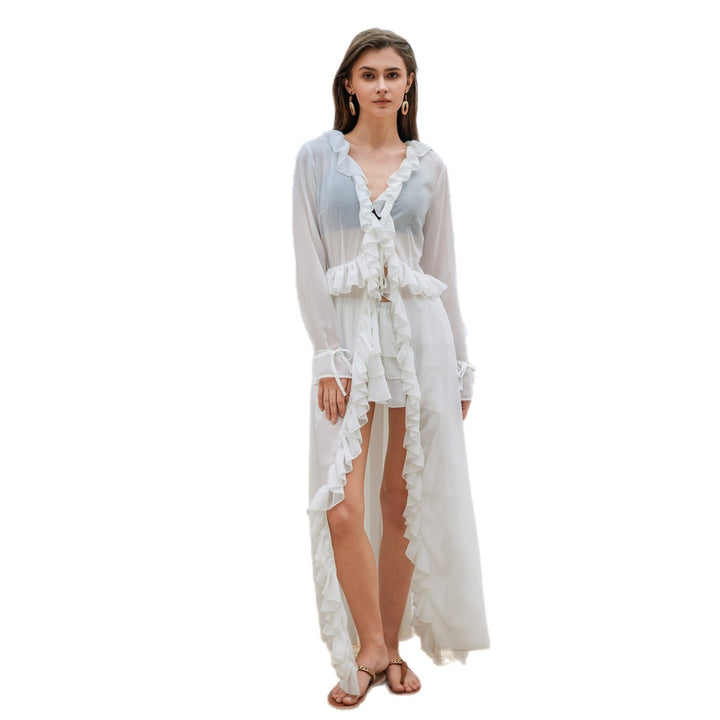 Damen elegantes transparentes Strandkleid mit Rüschen Drune