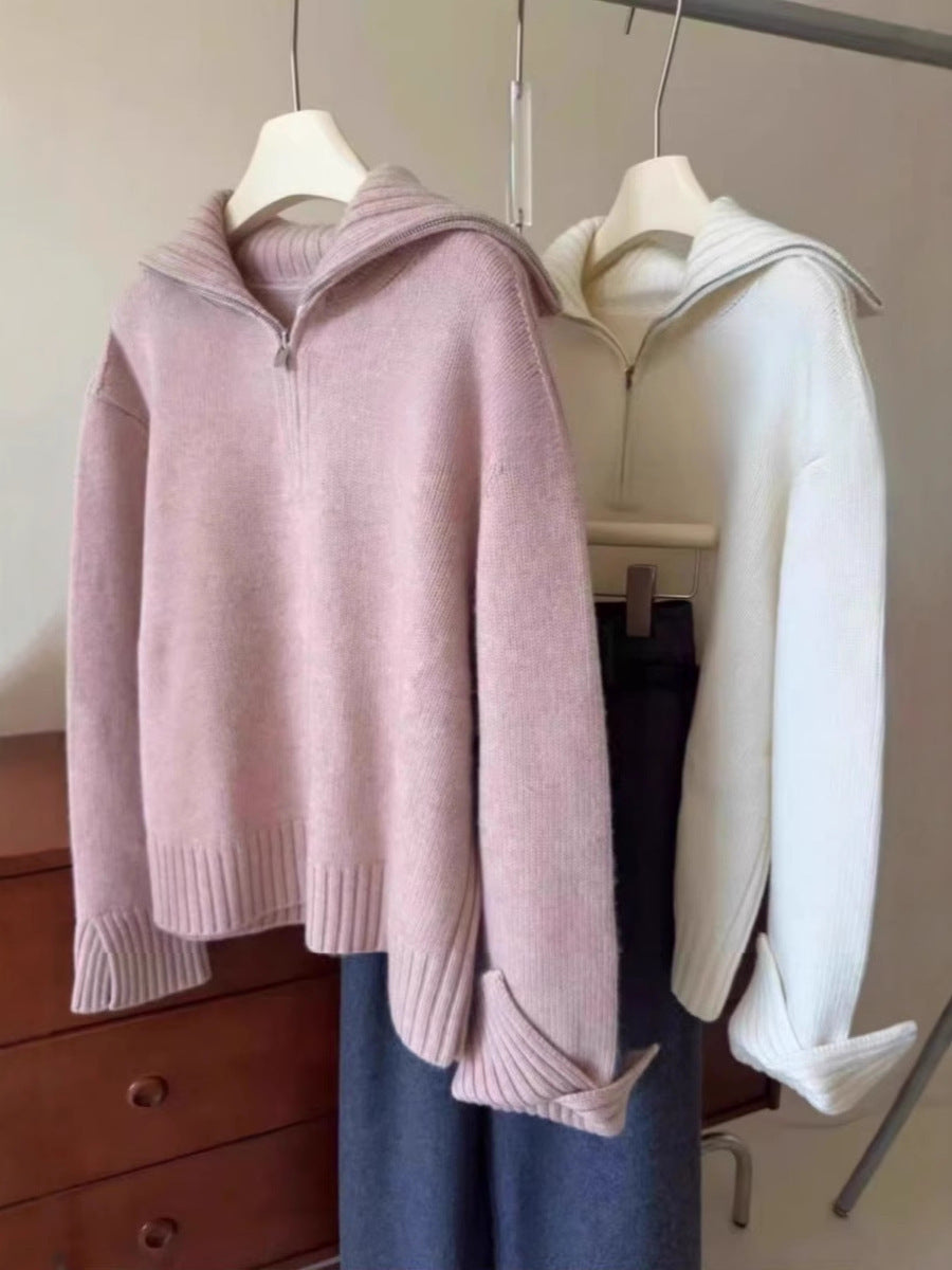 Damen Oversize Feinstrickpullover mit halbem Reißverschluss und weitem Rollkragen Drune