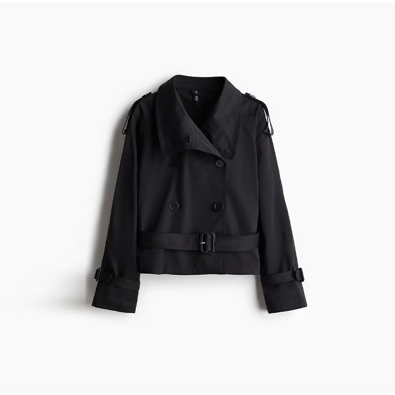 Damen trendige Kurzjacke im modernen Trenchcoat-Stil mit breitem Kragen und Taillengürtel Drune