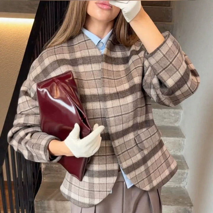 Damen Karierter Boxy‑Blazer mit voluminösen Ballonärmeln Drune