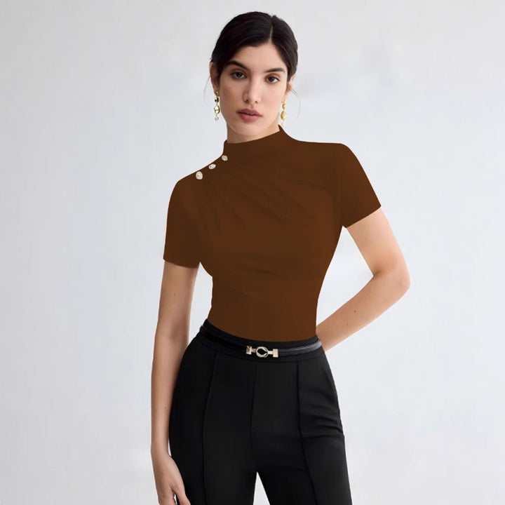 Damen elegantes Oberteil mit dekorativen Knopfdetails und modernem Stehkragen Drune