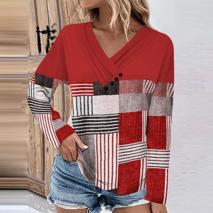 Damen Gerippter V-Ausschnitt Pullover mit Farbverlauf, Zierknöpfen und legerer Passform Drune