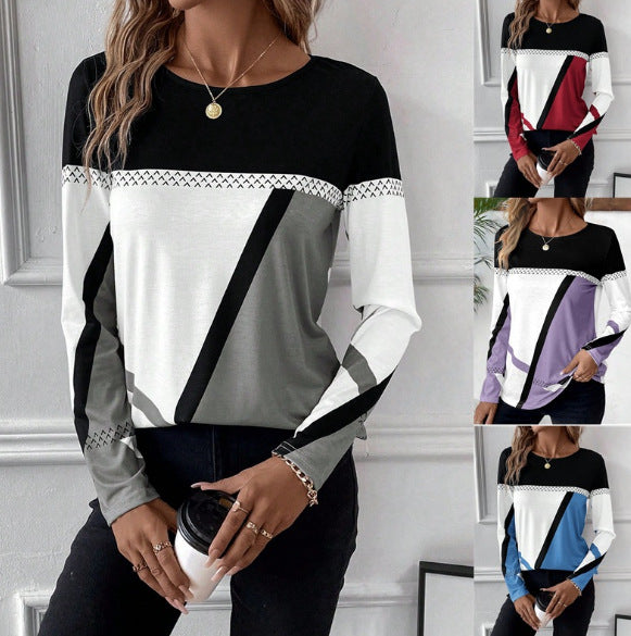 Damen Langarmshirt mit geometrischem Blockprint und Rundhalsausschnitt Drune