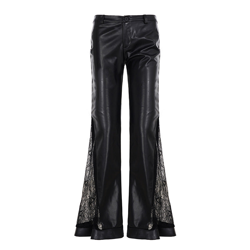 Damen Elegante Kunstlederhose mit transparenten Spitzenakzenten Drune